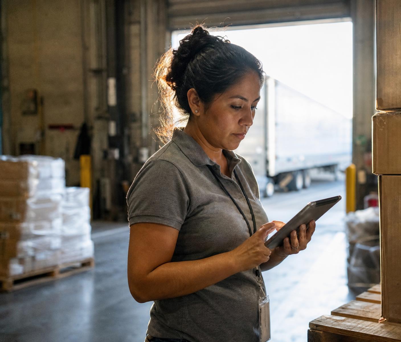 Coordenadora de logística conferindo informações no tablet em uma doca de carregamento