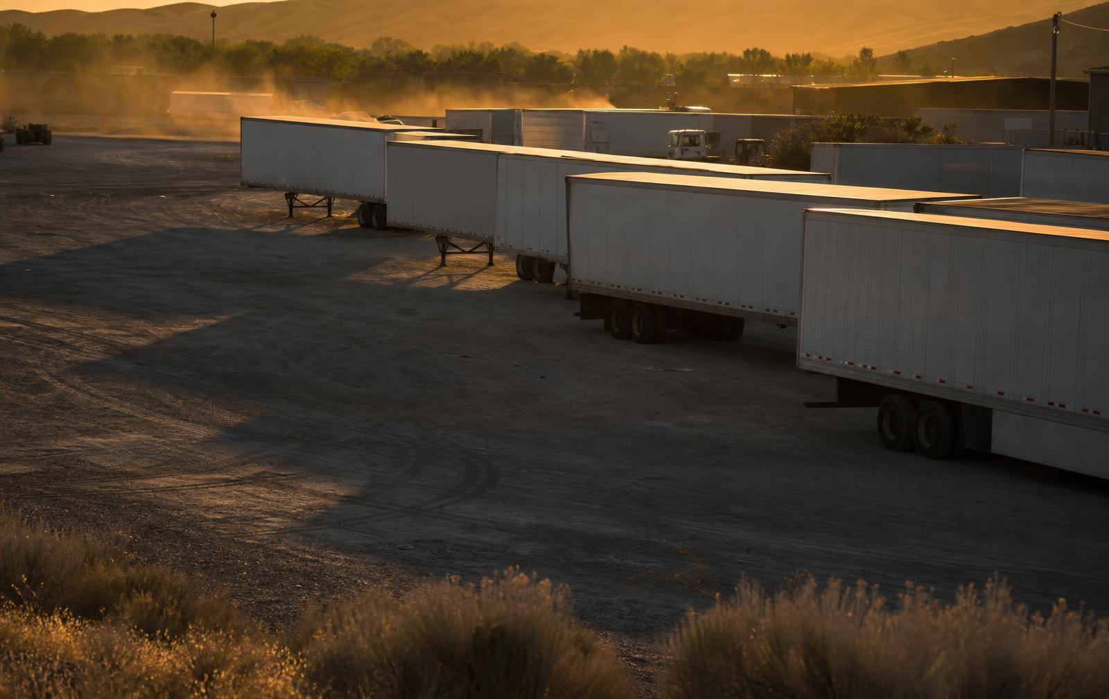 Carretas alinhadas no pátio de uma transportadora ao fim da tarde